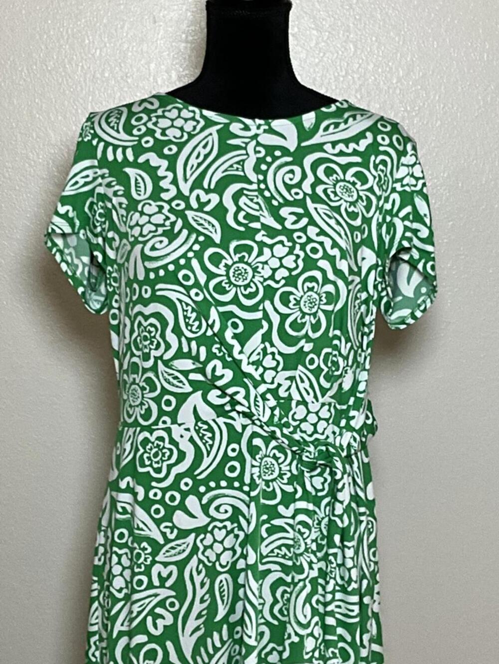 Perceptions New York Green White Paisley Floral Midi Dress Size XL Short Sleeve